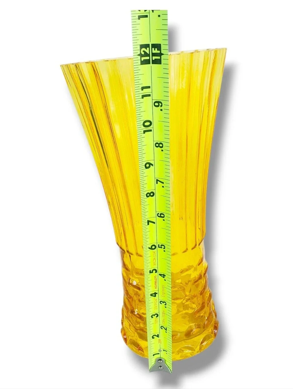Vintage Amber Glass Fluted Vase Scalloped Rim Mid-Century Style 12” Tall Texture